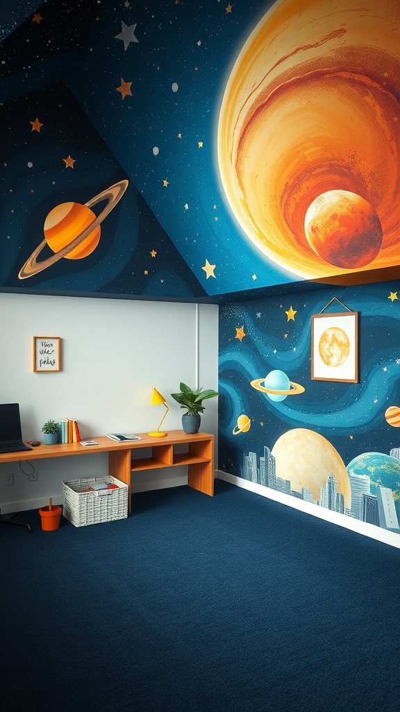 A space-themed bedroom featuring a mural of planets and stars on the walls.