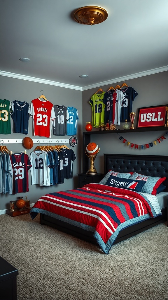 A sports-themed bedroom featuring jerseys on the wall, a cozy bedspread, and sports memorabilia.
