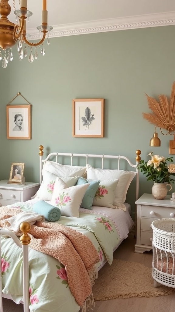 Sage green background with pink flowers and branches.