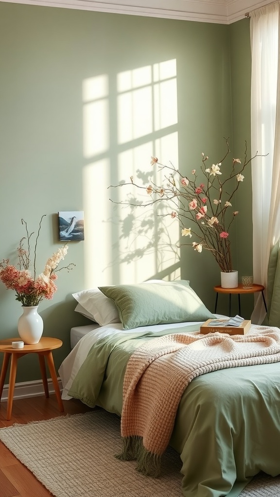 A cozy sage green bedroom with floral accents and rattan touches