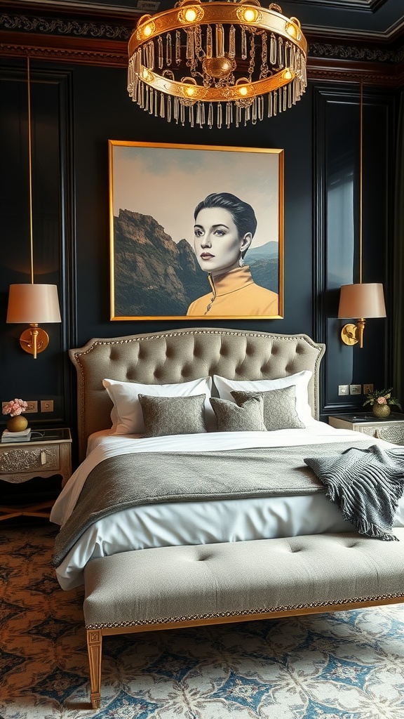 Stylish bedroom featuring a bold wall with lettering and modern furniture