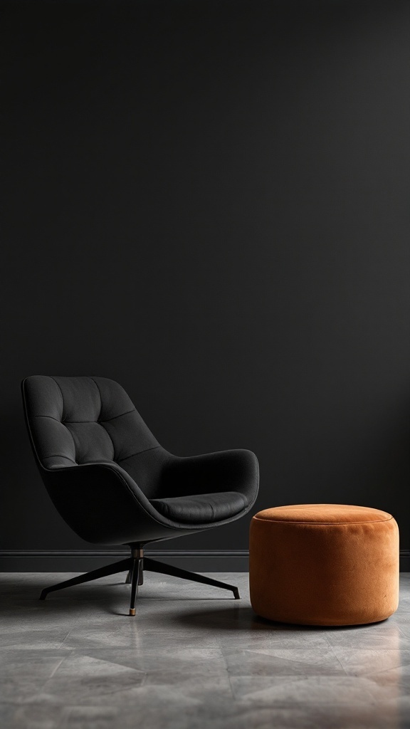 Black armchair next to an orange pouf on a gray floor with a dark wall.