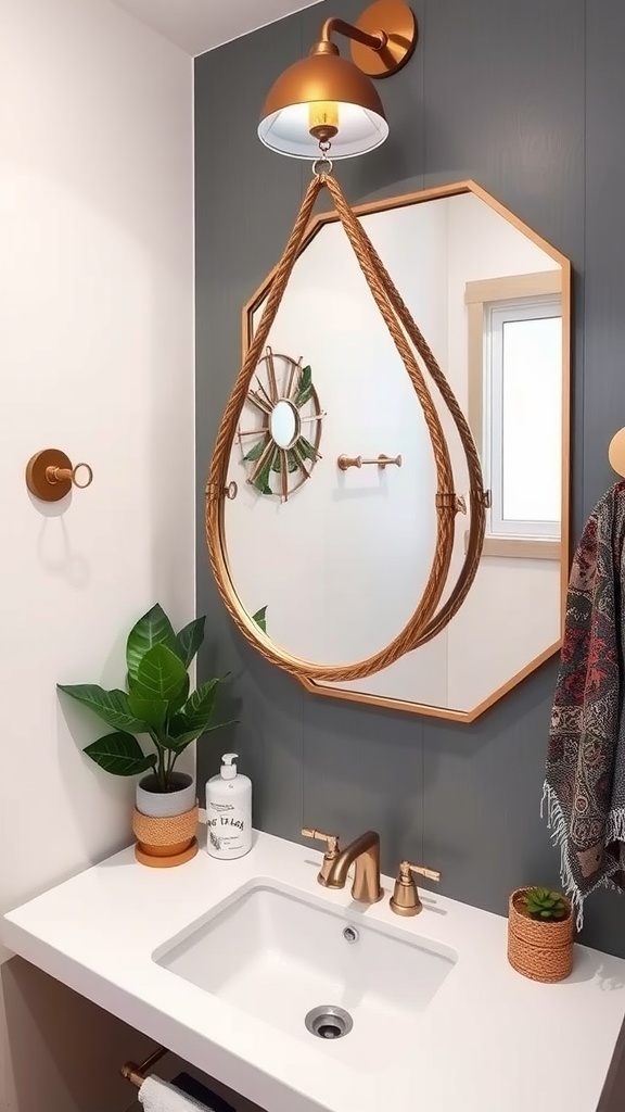 A stylish bathroom featuring a unique statement mirror with a rope-like frame.
