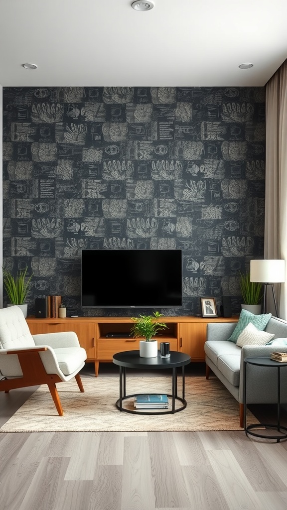 A modern small living room featuring a statement wall with dark patterned wallpaper.