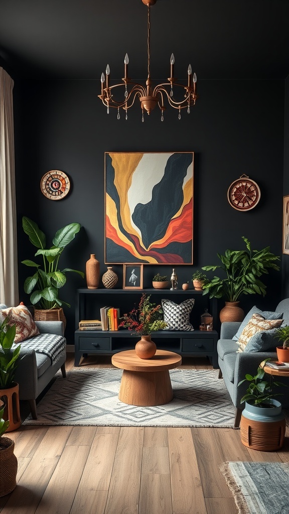 A dark boho living room with a bold statement wall art, plants, and cozy furniture