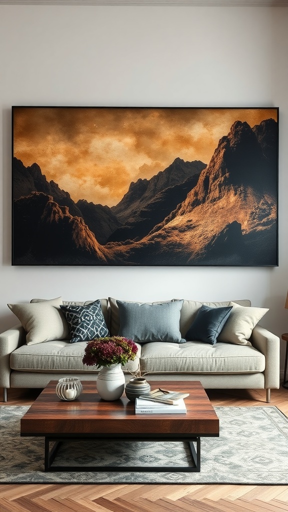 A stylish living room featuring a large landscape painting on the wall, a cozy sofa, and a coffee table.
