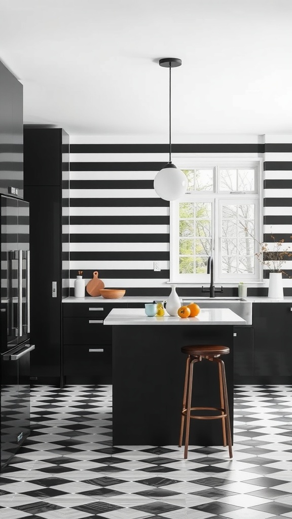 A modern kitchen featuring a statement wall with black and white stripes, complemented by sleek cabinetry and stylish decor.