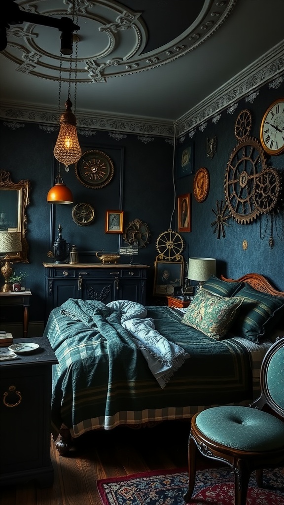 Steampunk themed bedroom with dark walls, gears, and vintage decor.