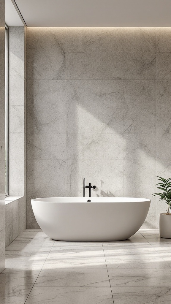 Modern bathroom with stone walls, minimalist bathtub, and natural light