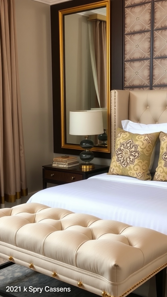 Elegant bedroom featuring a stylish bed bench at the foot of the bed.