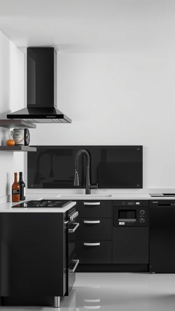 A modern black and white kitchen with black appliances