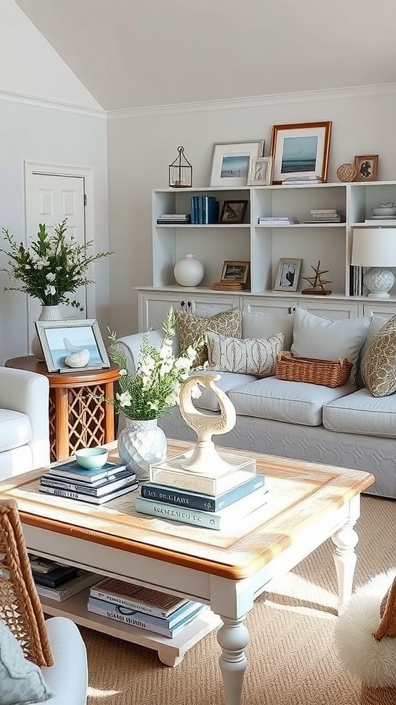 Coastal living room with a stylish coffee table and decorative items.