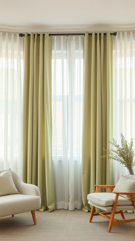 Stylish sage green and sheer white curtains in a bright bedroom