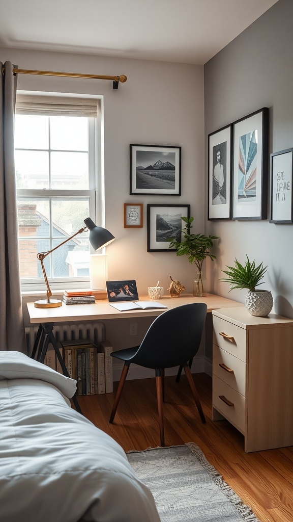 A stylish desk setup in a cozy bedroom office with a window, lamp, and artwork on the wall.