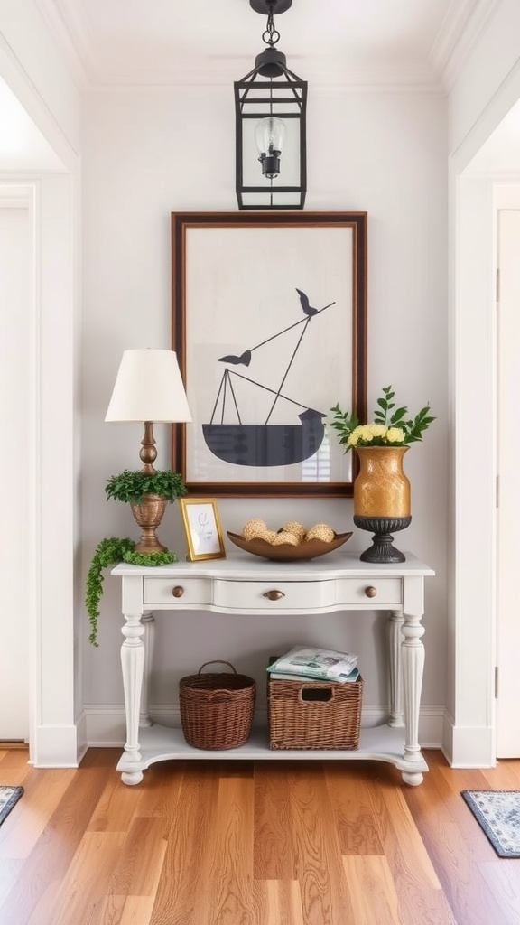 Entryway console table with lamp, art, and decor