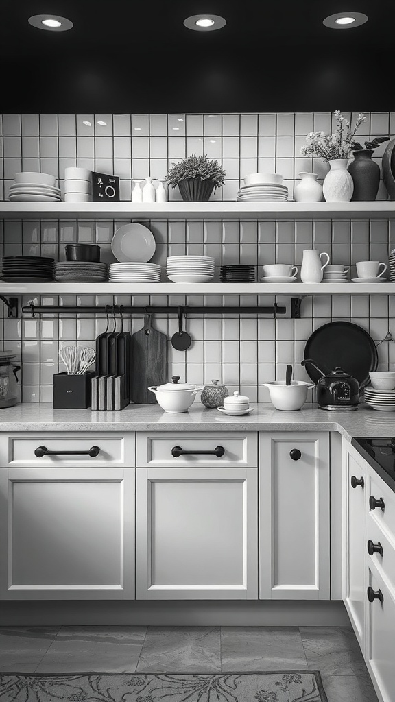Stylish display of kitchenware on open shelves in a black and white kitchen.