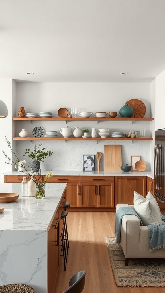 A modern kitchen with stylish open shelving displaying various dishes and decorative items.