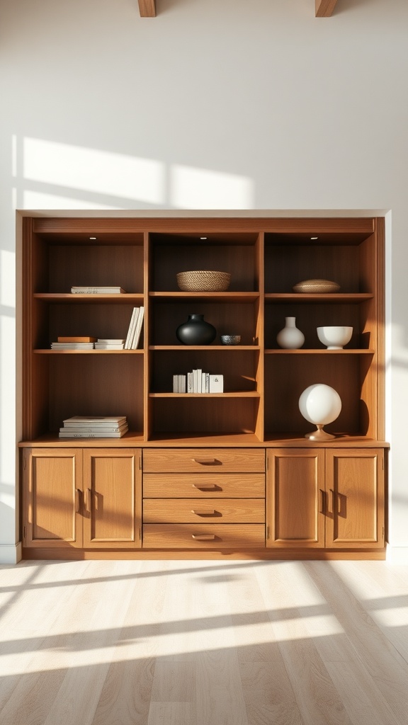 A stylish wooden shelving unit with decorative items and books.