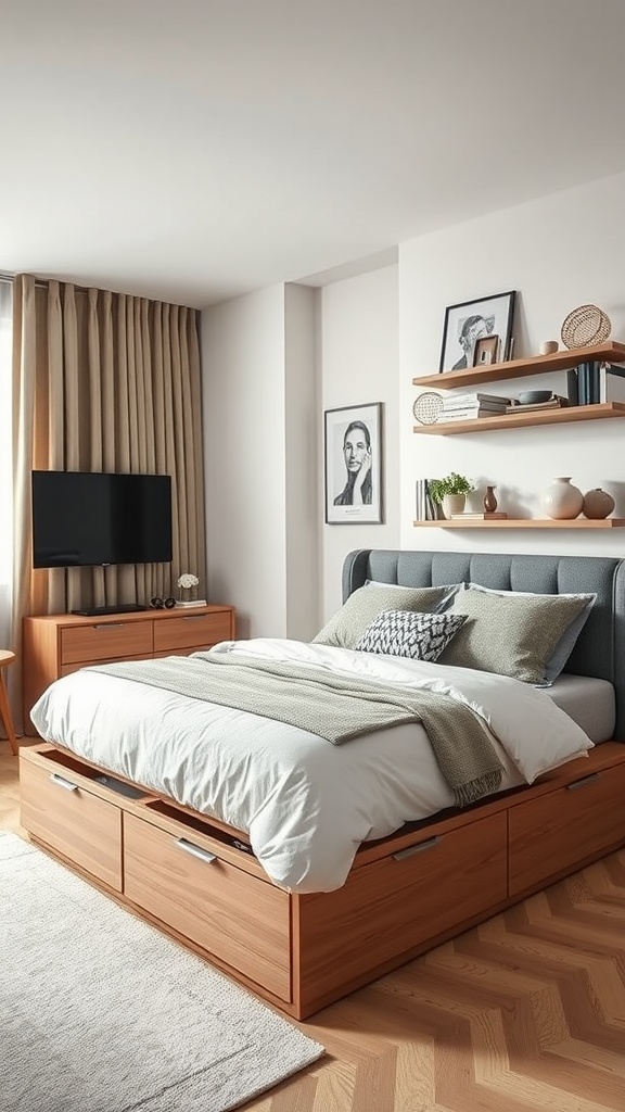 Stylish studio apartment bedroom with storage bed and open shelves
