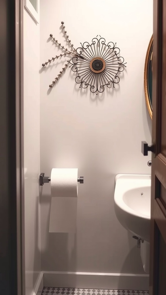 A modern toilet with an artistic toilet roll holder and wall art