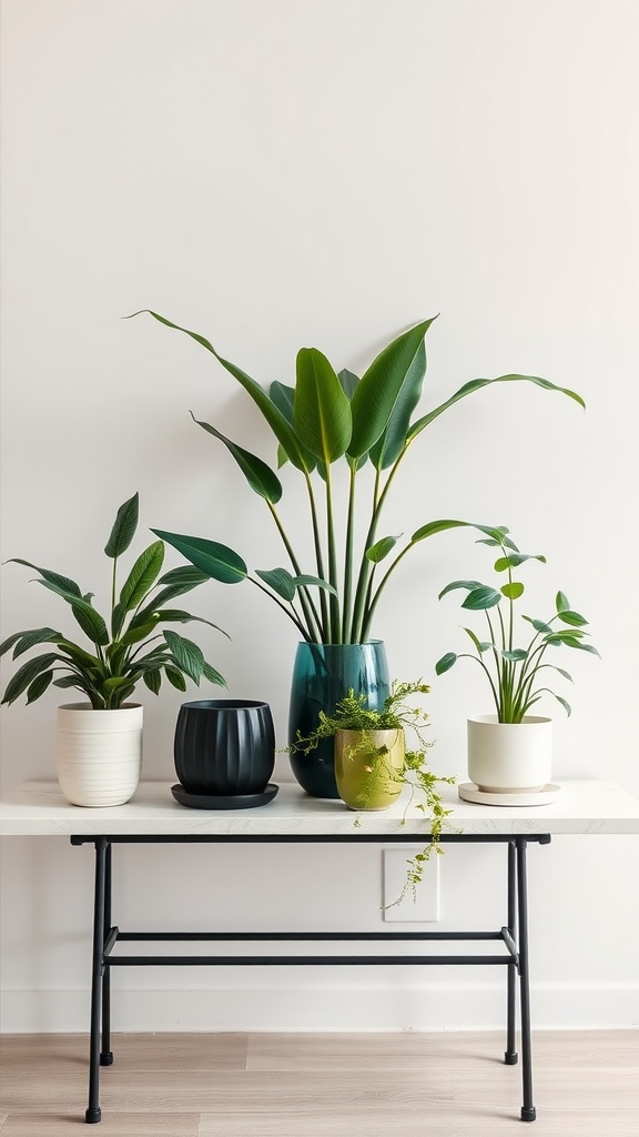 A minimalist entryway featuring an arrangement of indoor plants in stylish pots on a table.