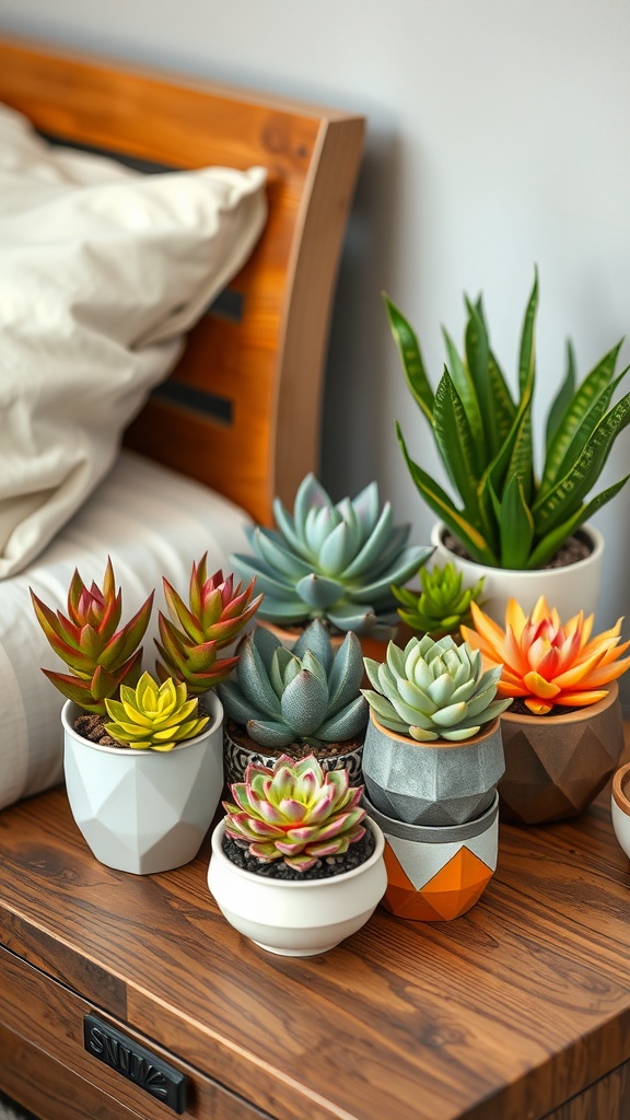 A collection of colorful succulents in decorative pots on a wooden nightstand.