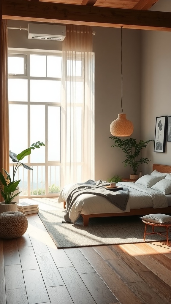 A bright and airy bedroom featuring natural materials, plants, and sustainable decor.