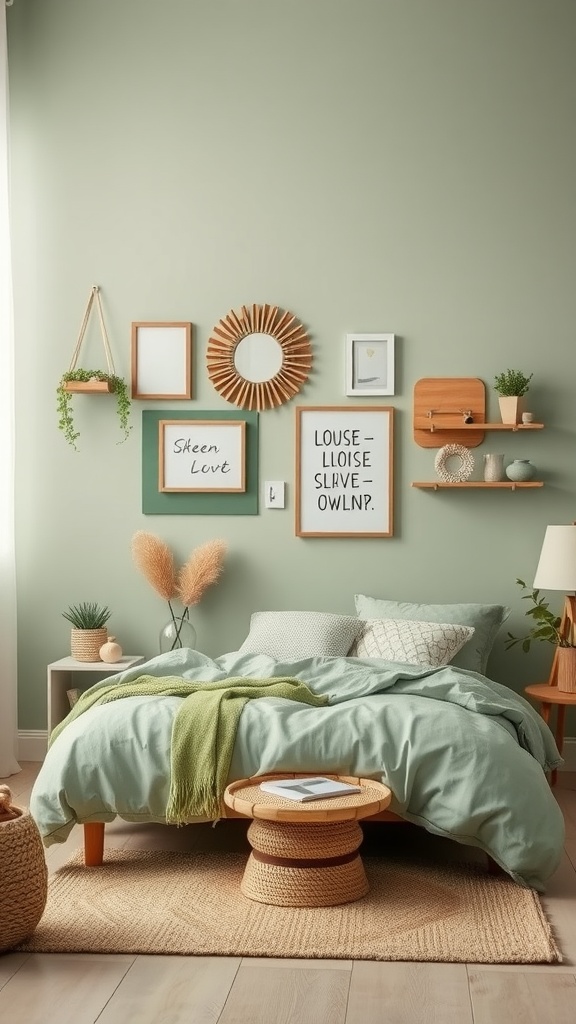 A serene sage green bedroom featuring rattan accents and cozy decor.