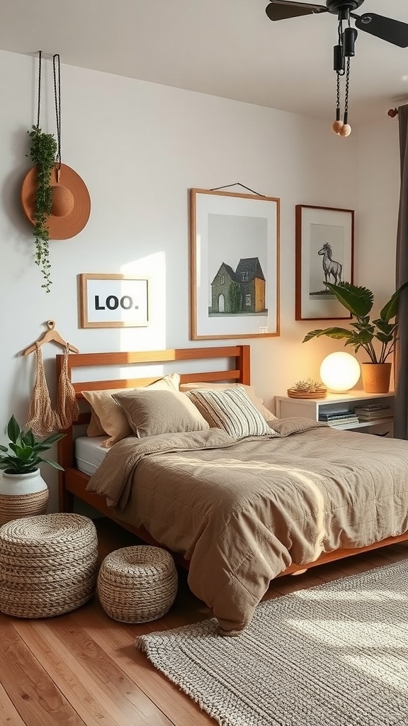 A cozy boho bedroom with natural decor elements like woven baskets and wooden furniture.