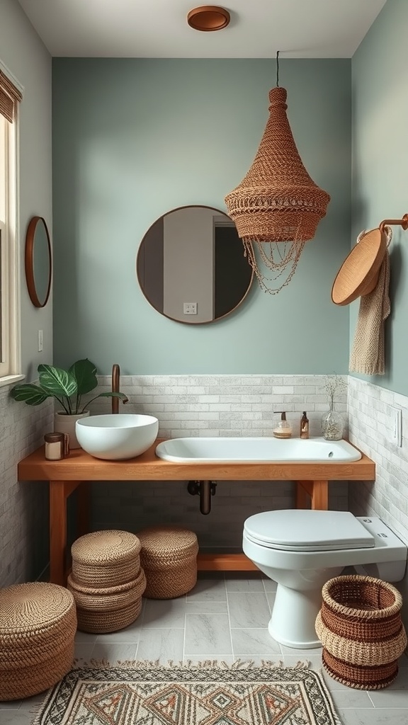 A cozy boho bathroom featuring sustainable materials like natural fibers and reclaimed wood.