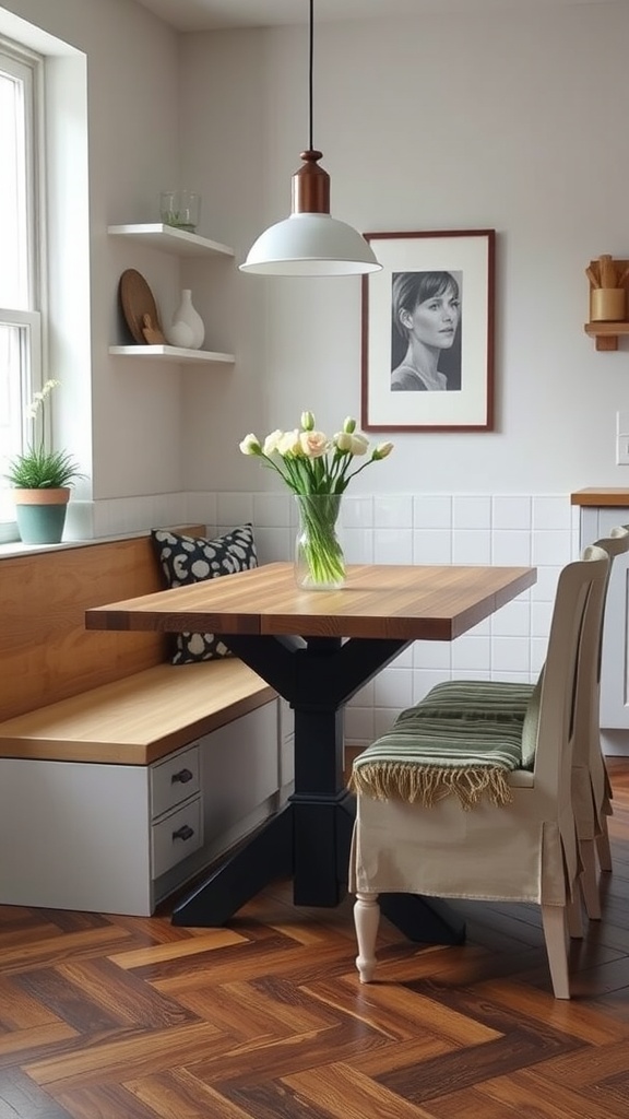 A cozy kitchen with a wooden table and bench seating, featuring a vase of flowers on the table.