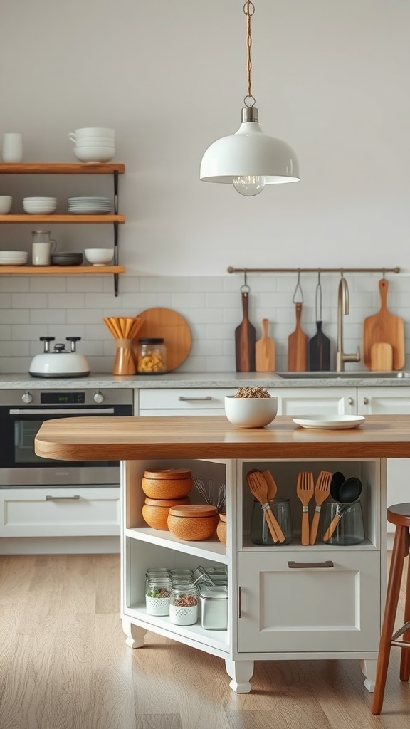 A modern kitchen with a table that has built-in storage featuring wooden shelves and jars.