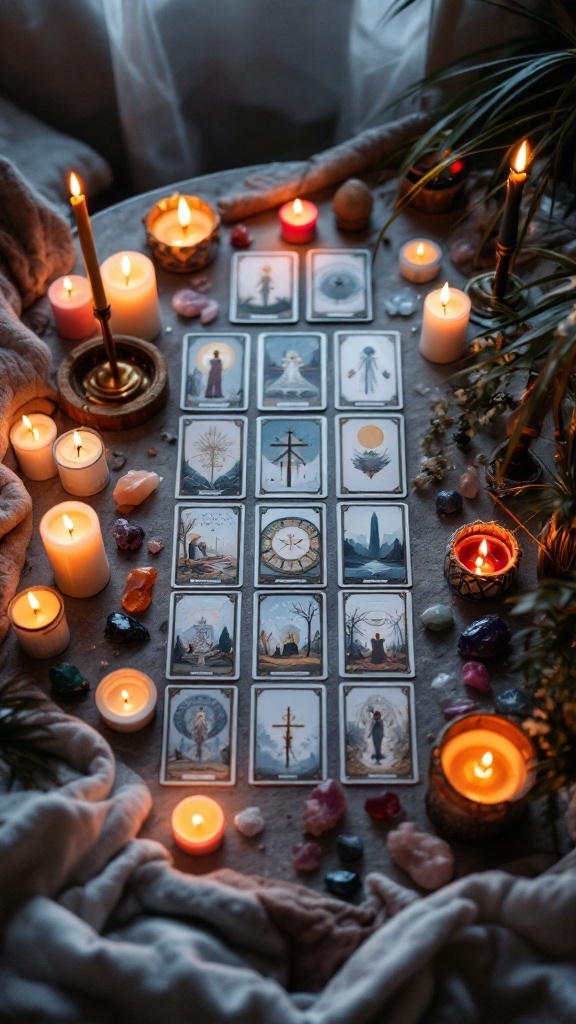 A beautifully arranged tarot card display with candles and crystals.