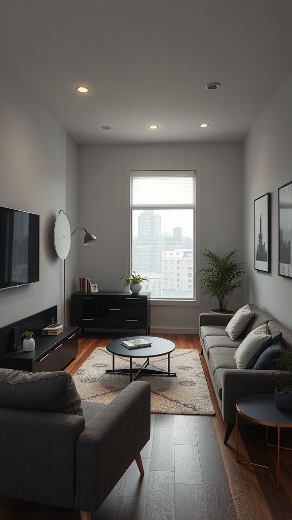 A modern small living room featuring sleek furniture and smart home technology.