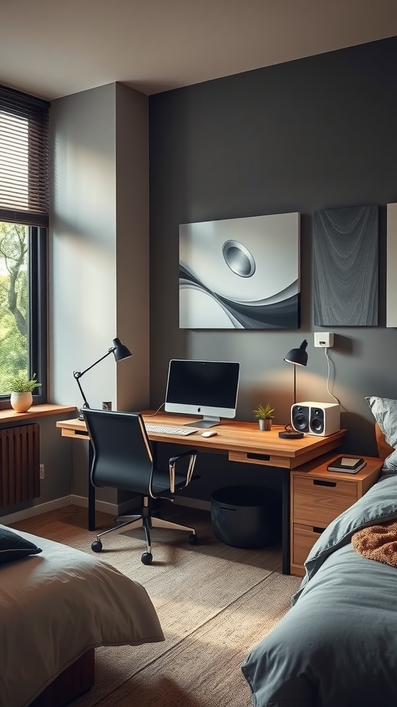 A cozy guest bedroom with a workspace featuring a desk, computer, and comfortable decor.