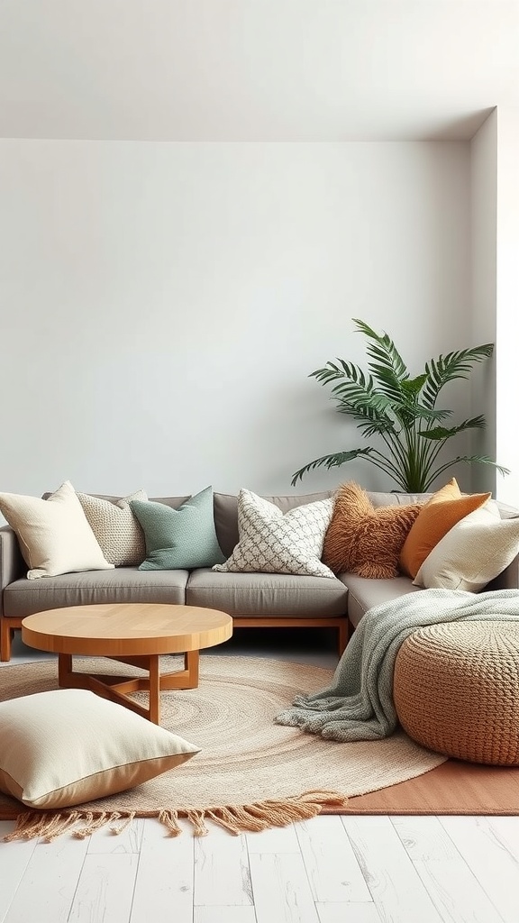 Cozy living room with various textured pillows, a knitted blanket, and a round coffee table