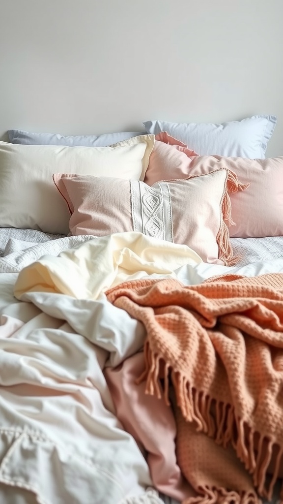 A cozy bed featuring a variety of textured bedding including cotton sheets, a chunky knit blanket, and decorative pillows.