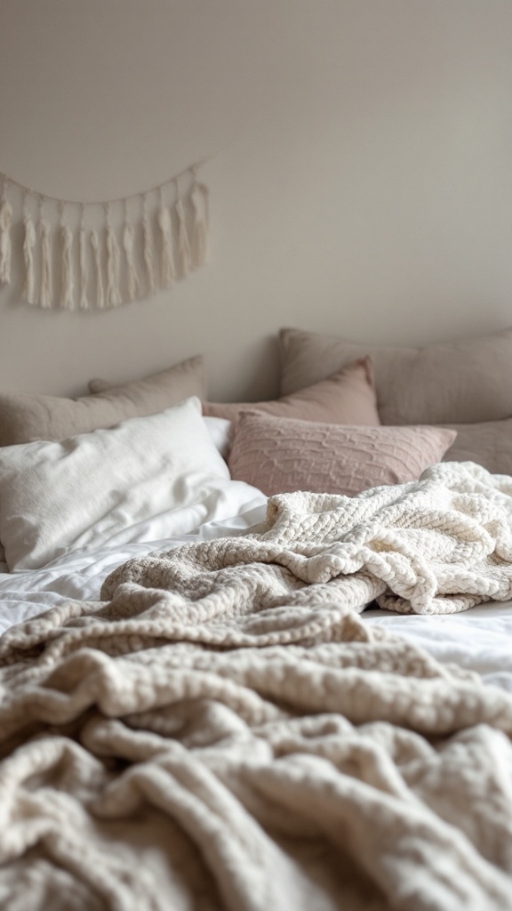 Boho farmhouse bedroom with textured fabrics and layered bedding