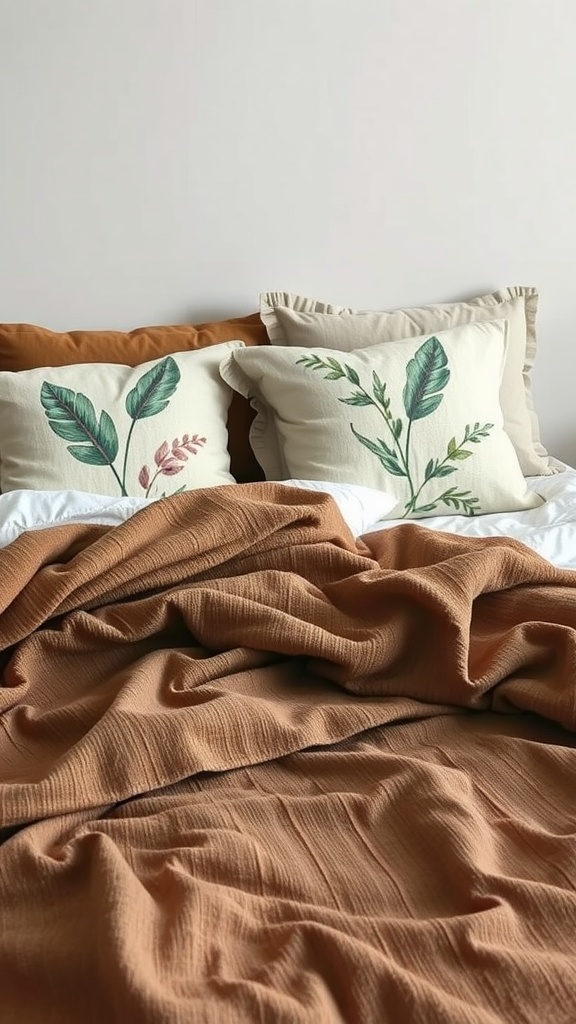 A cozy bedroom with textured fabrics in earthy tones, featuring a rust-colored throw and pillows with leafy designs.