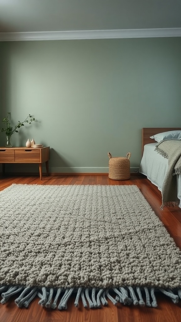 Cozy sage green bedroom with a textured rug, wooden furniture, and rattan accents.