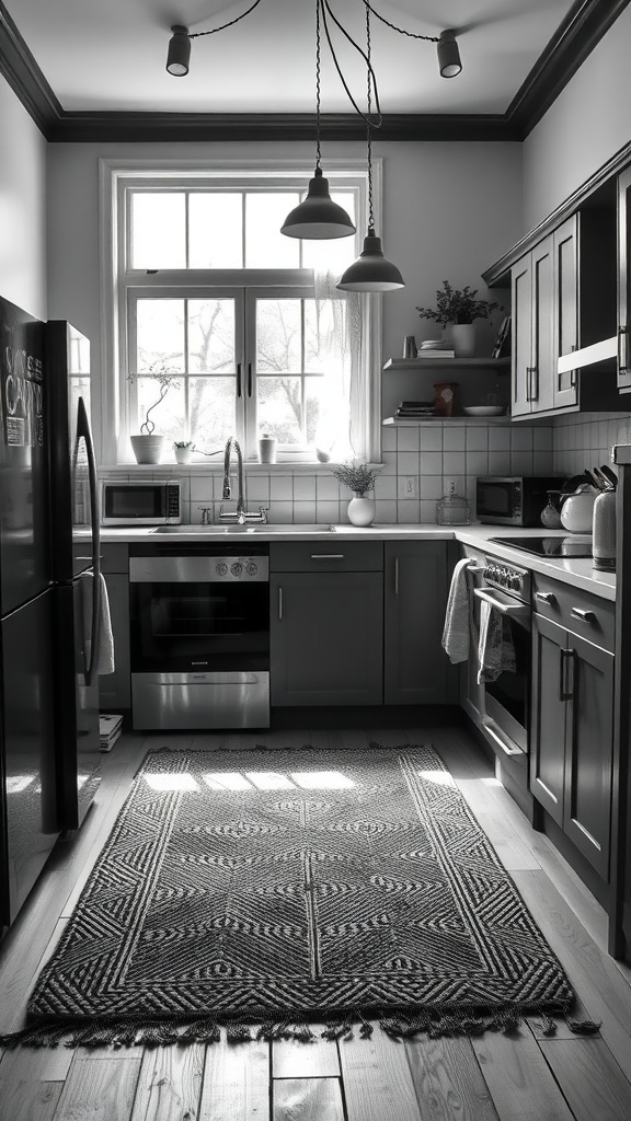 A stylish black and white kitchen featuring a textured rug on wooden flooring.