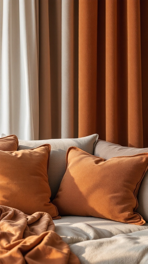 Cozy living room with rust colored pillows and blankets