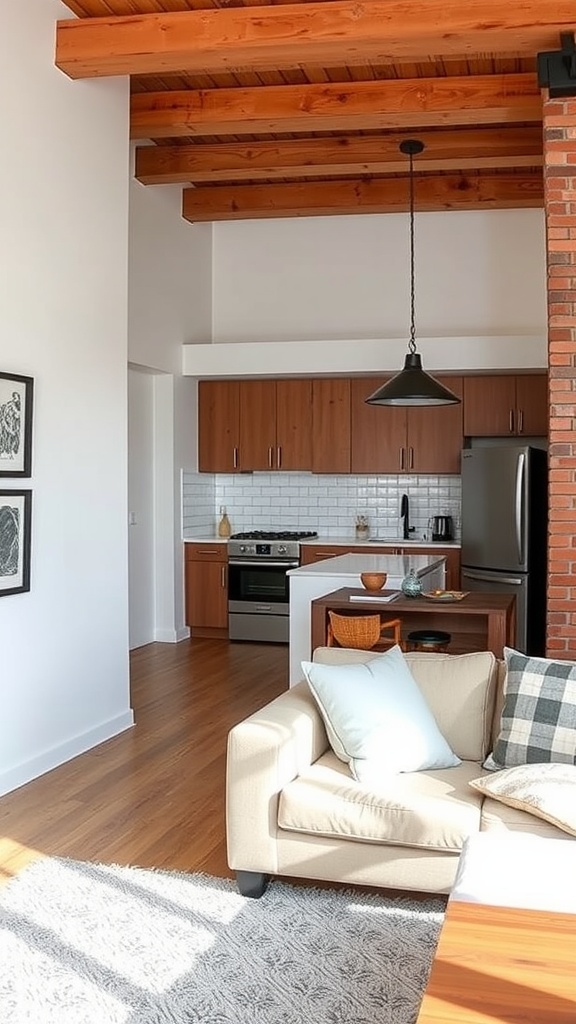 A small living room kitchen combination featuring textured wall accents, wooden beams, and modern decor.