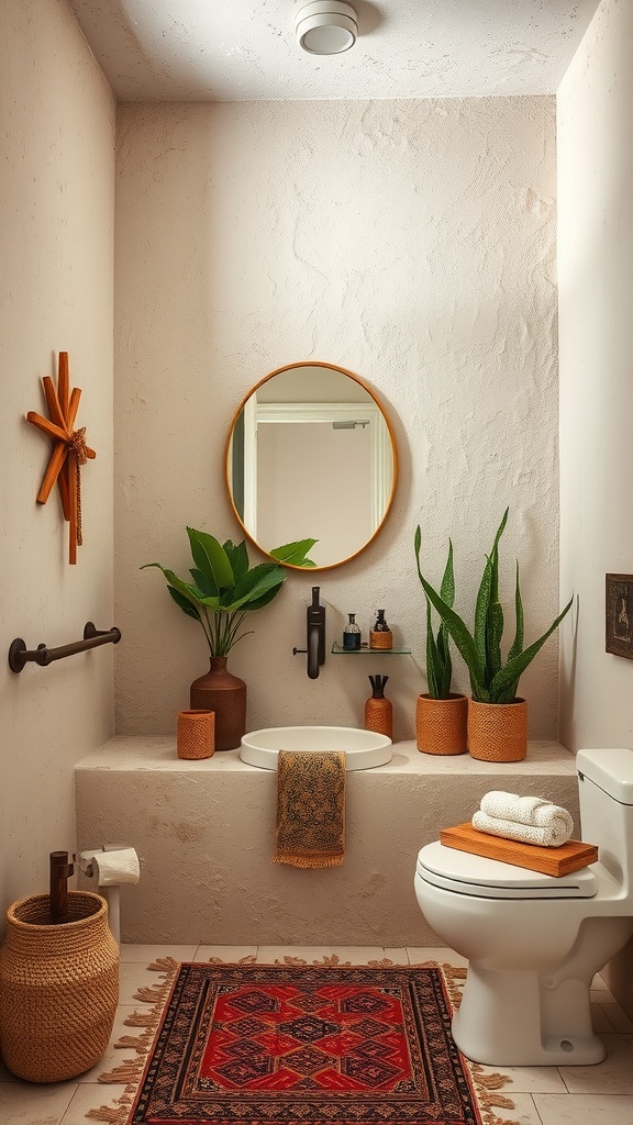 Boho bathroom with textured wall finishes and plants.