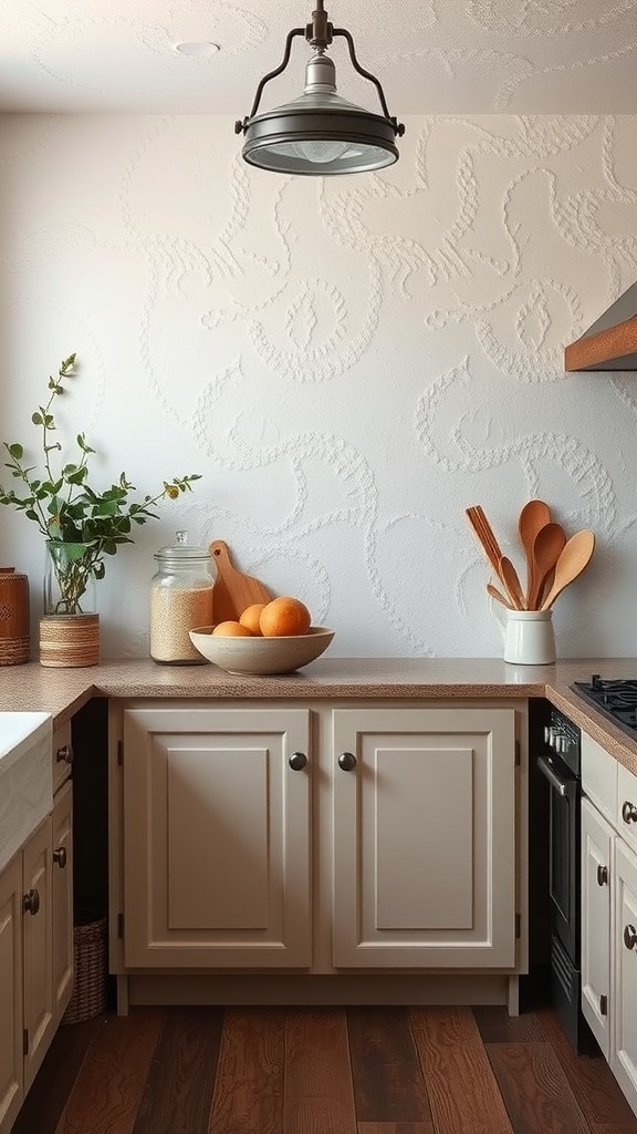 A cozy kitchen featuring textured wall panels and wooden countertops.