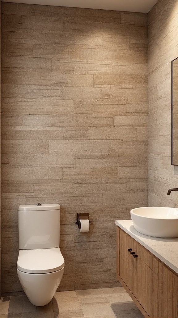 A bathroom with textured wood-like wall treatments, a white toilet, and a modern sink.