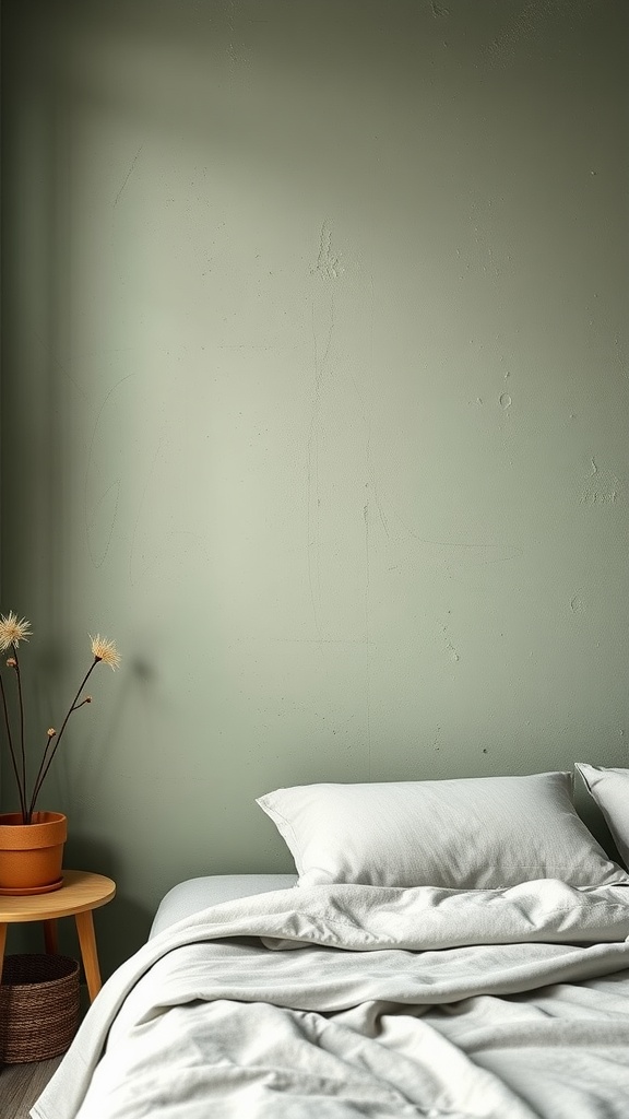 A sage green wall with a cozy bedding setup and a rattan touch.