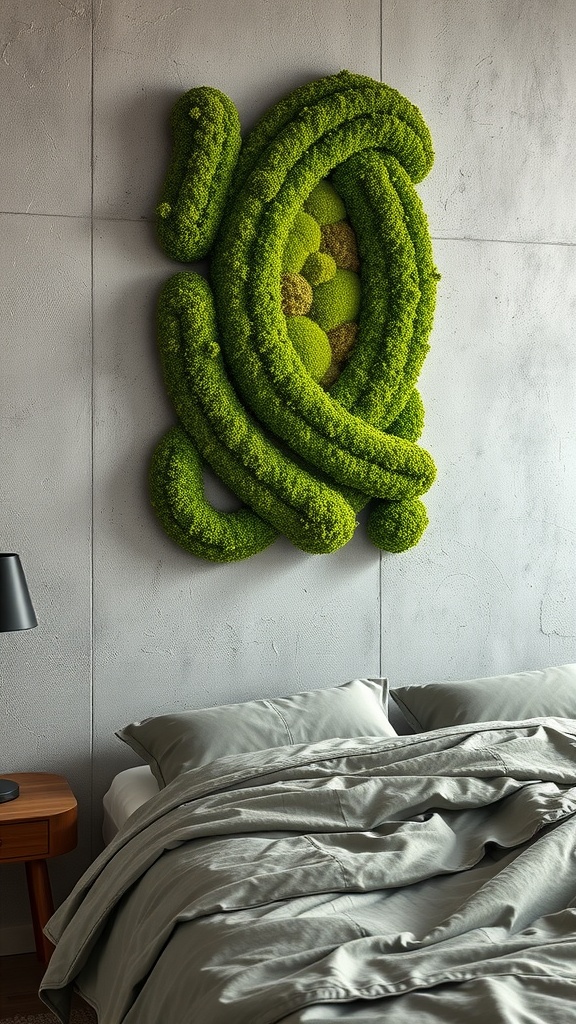 A textured wall adorned with living moss design in a bedroom setting.
