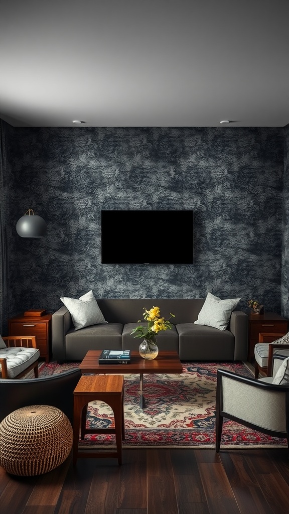 A dark boho living room featuring textured wallpaper, a cozy sofa, and stylish decor.