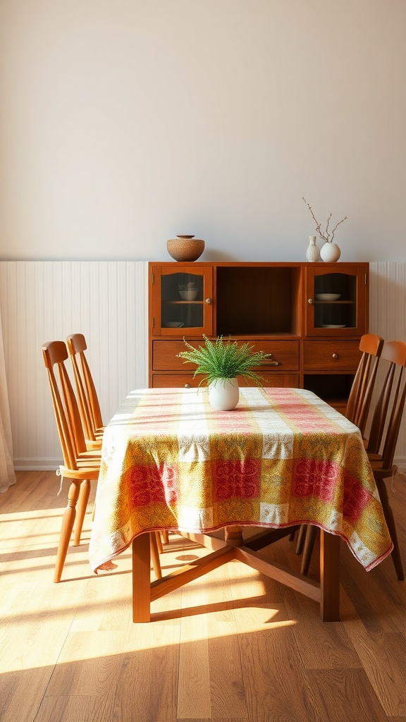 A small kitchen table made of textured wood with a colorful tablecloth and wooden chairs.